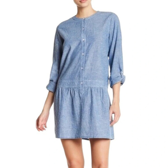 Soft Joie Amiri Cotton Linen Chambray Drop Waist button Shirt Dress Size L - Picture 1 of 11